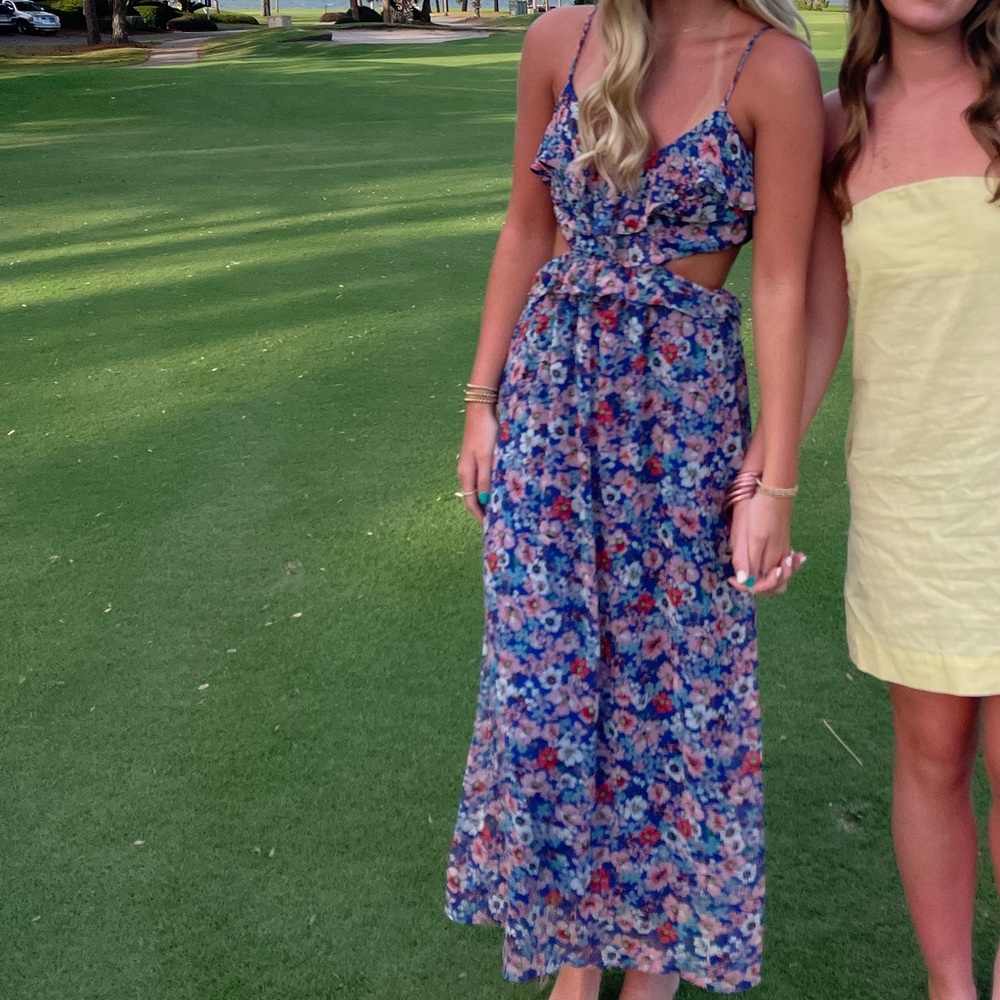 Lush Navy Floral Ruffle Open Back Maxi Dress